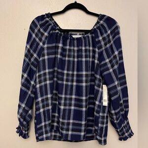 Counterparts Long Sleeve Plaid Off-shoulder Blouse - Size Medium